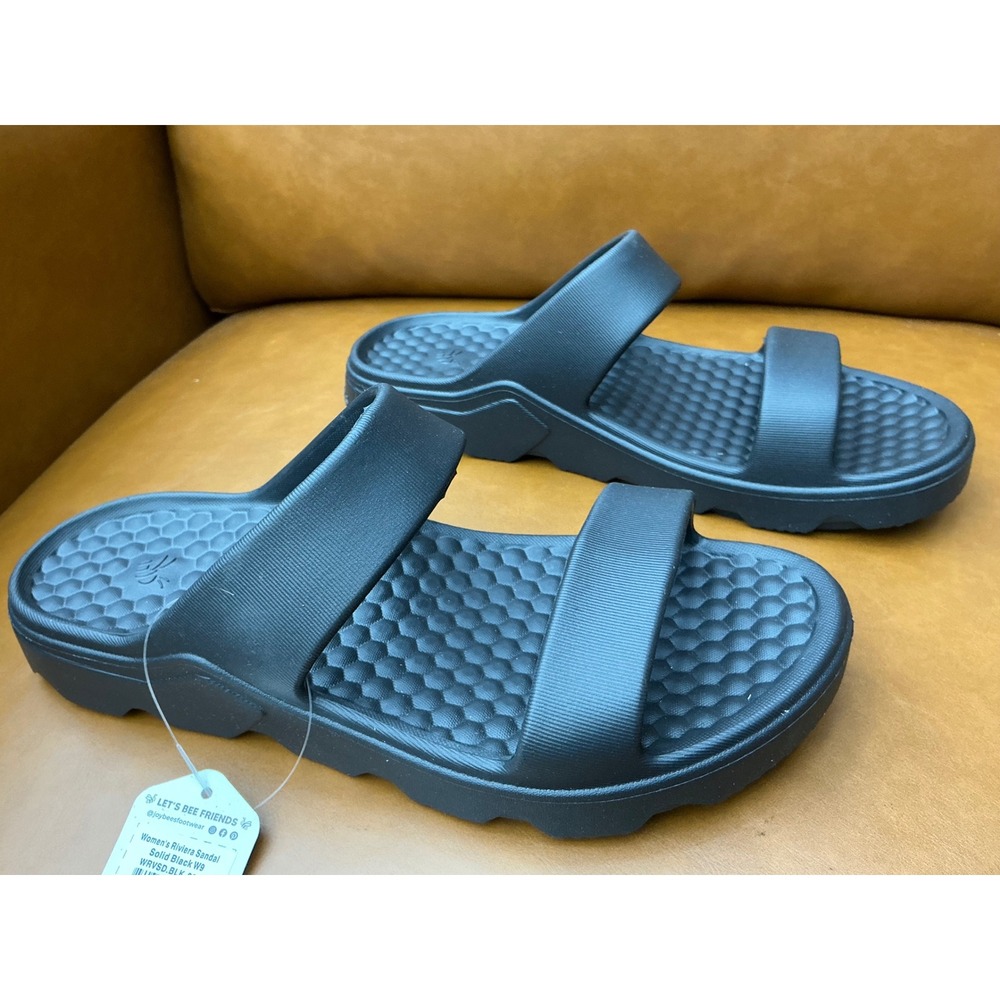 Joybees Riviera Sandal Women Size 9 Black New Two Strap Platform Slide WRVSD.BLK